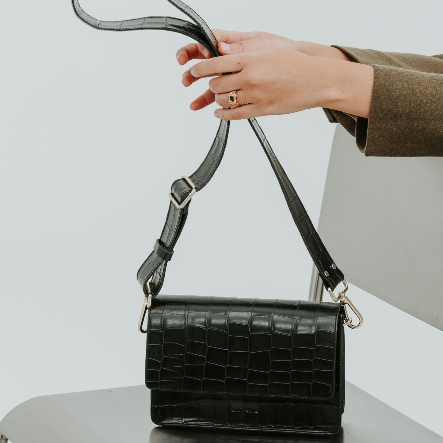 The Perfect Square Crossbody Bag - Croco Print Black - ann kurz