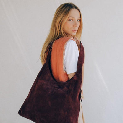 Double Zip Hobo Bag - Suede Maroon - ann kurz