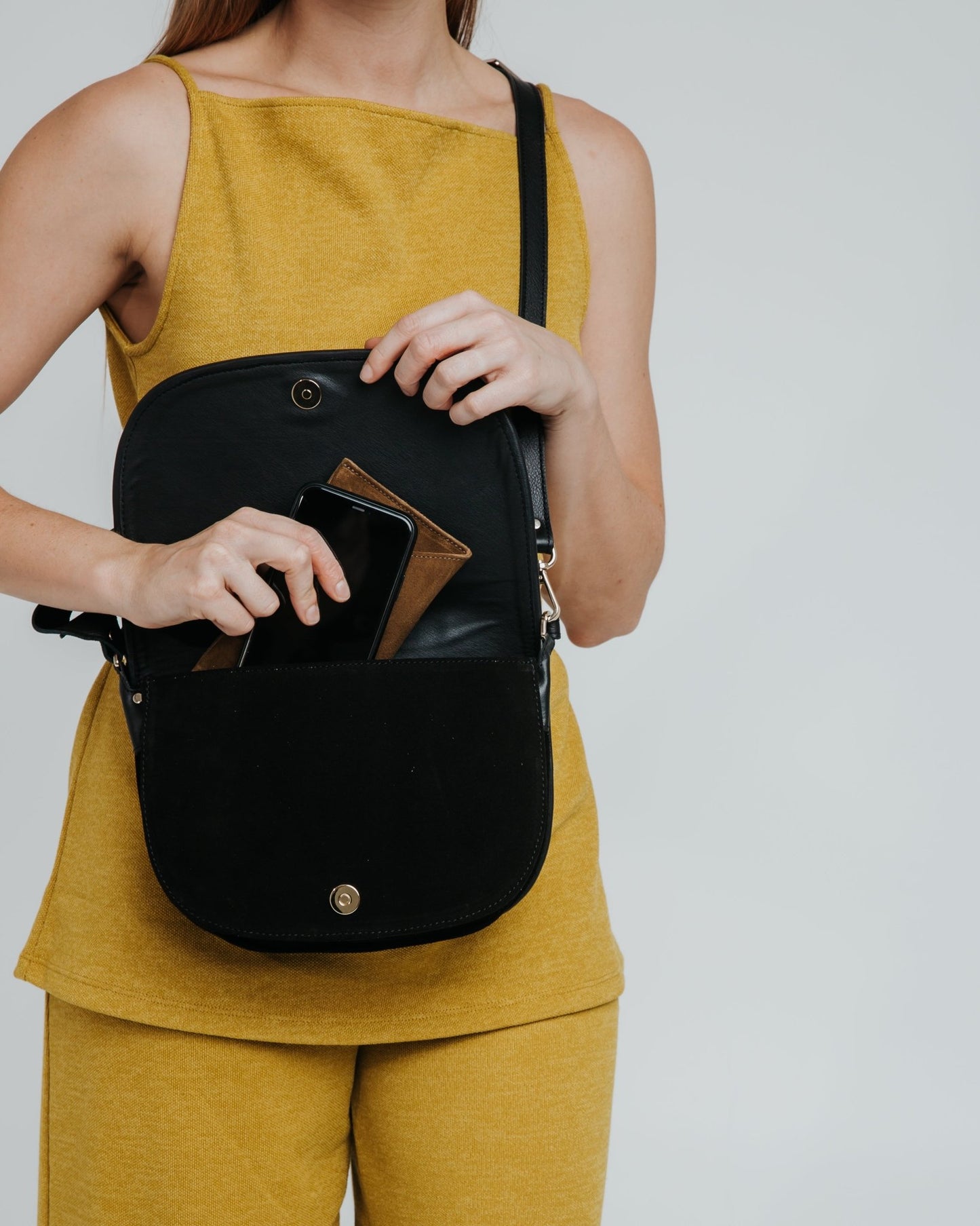 Half Moon Crossbody with flap - Nappa Mix Suede Black + Nappa Black - ann kurz