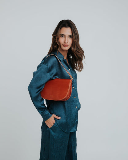 Half Moon Crossbody with flap - Vegetal Smoky Amber - ann kurz