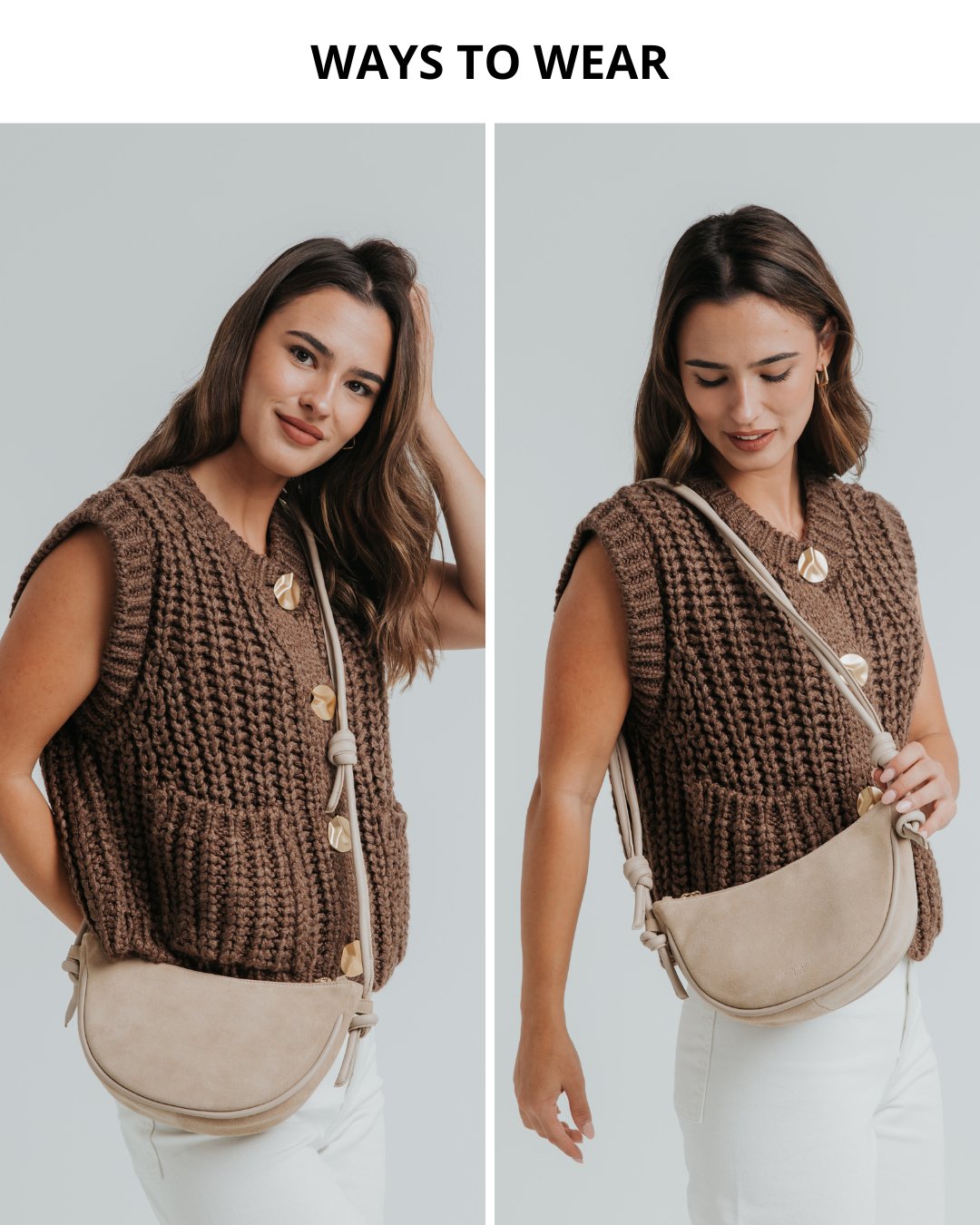 Half Moon Shoulder Bag with Knots - Suede Caramelo - ann kurz