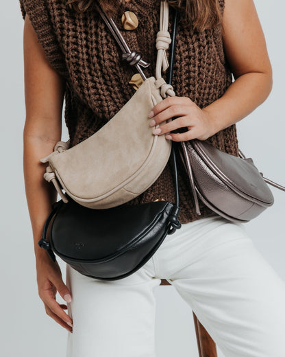 Mini Half Moon Shoulder Bag with Knots - Mix Nappa Suede Black - ann kurz