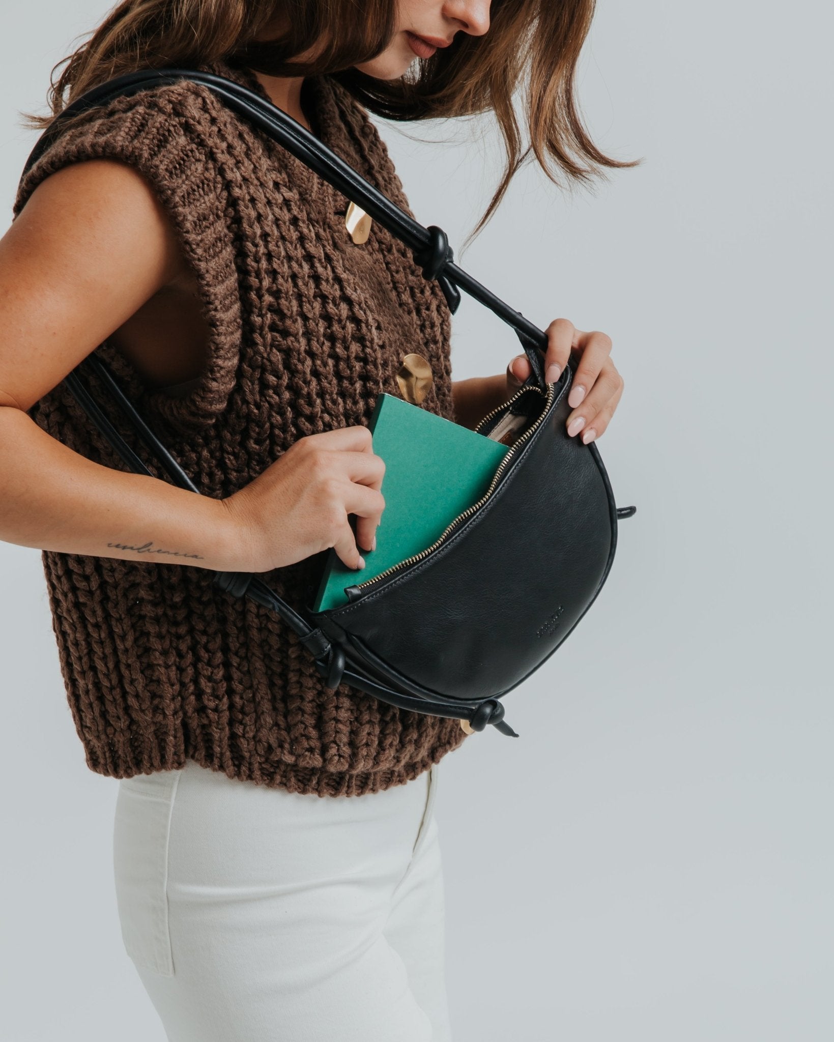 Mini Half Moon Shoulder Bag with Knots - Mix Nappa Suede Black - ann kurz