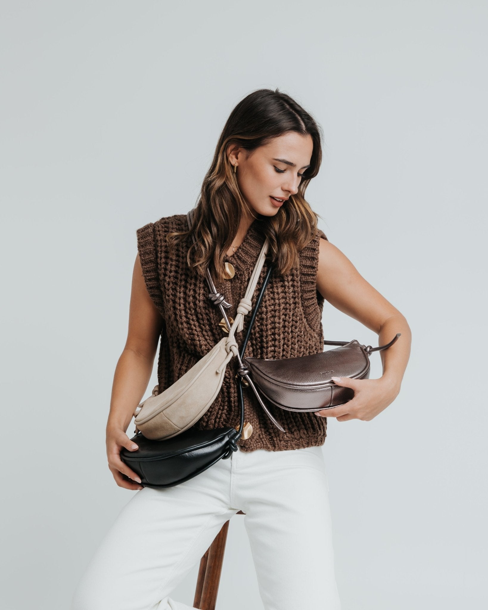 Mini Half Moon Shoulder Bag with Knots - Mix Nappa Suede Black - ann kurz