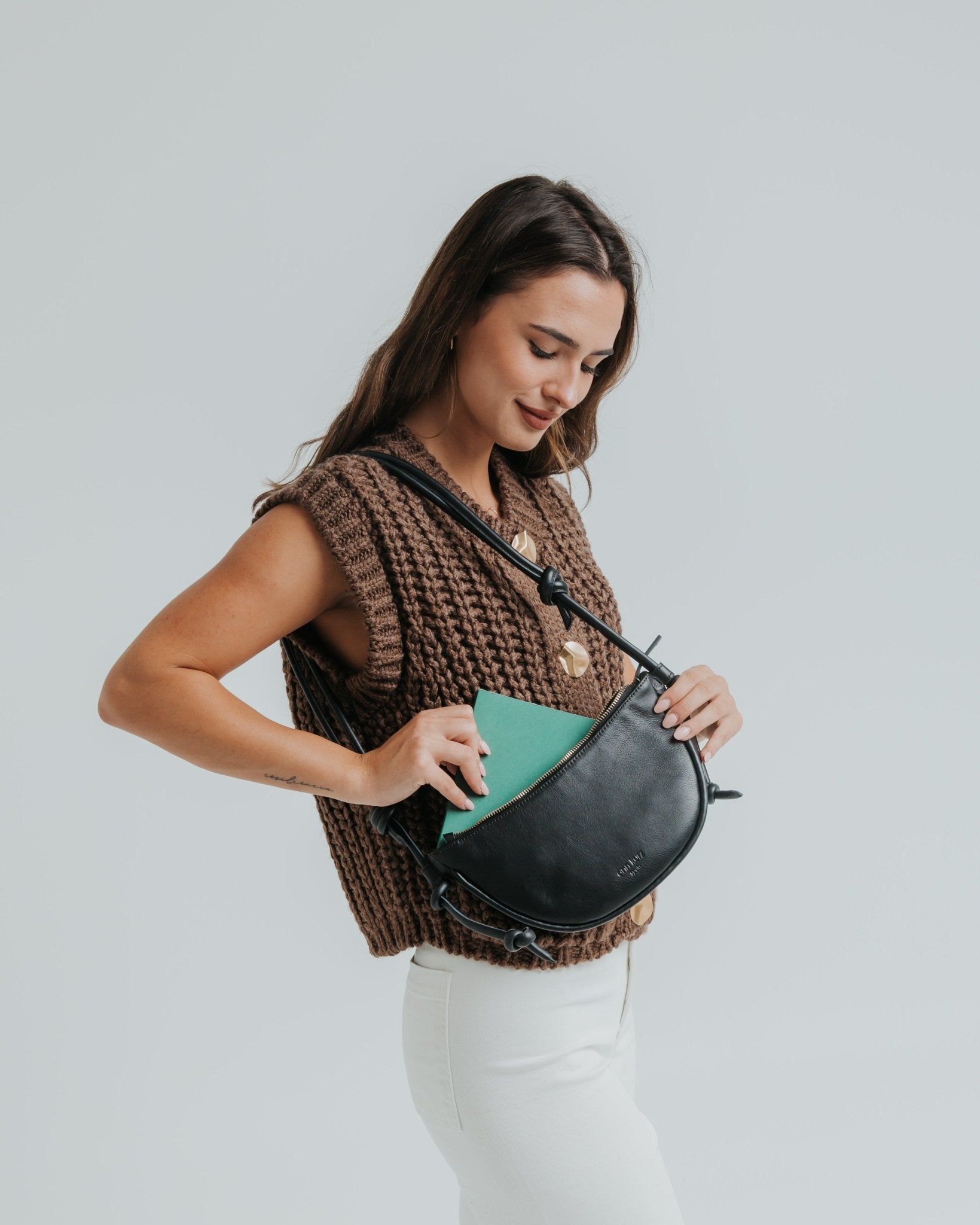 Mini Half Moon Shoulder Bag with Knots - Nappa Black - ann kurz