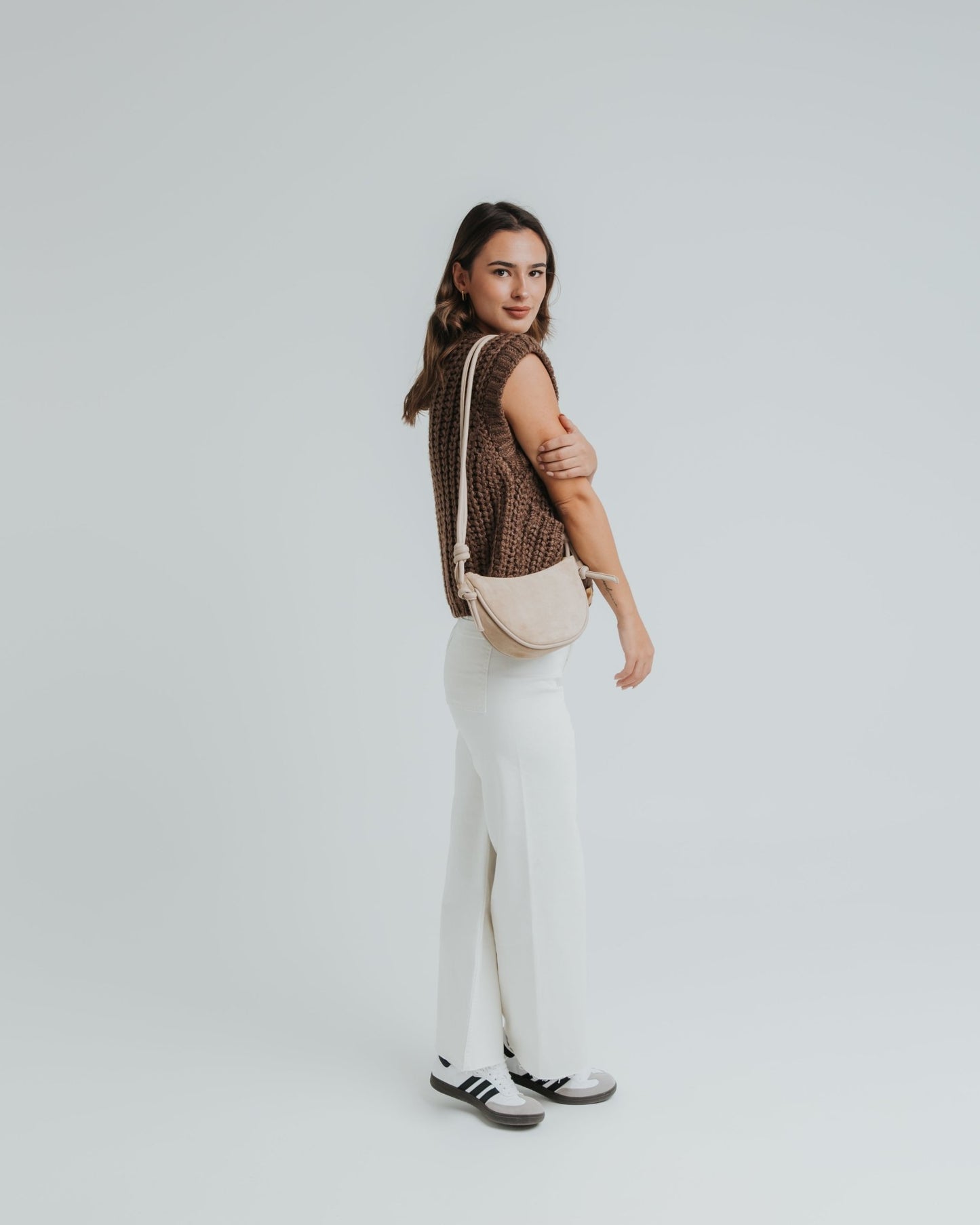 Mini Half Moon Shoulder Bag with Knots - Suede Caramelo - ann kurz