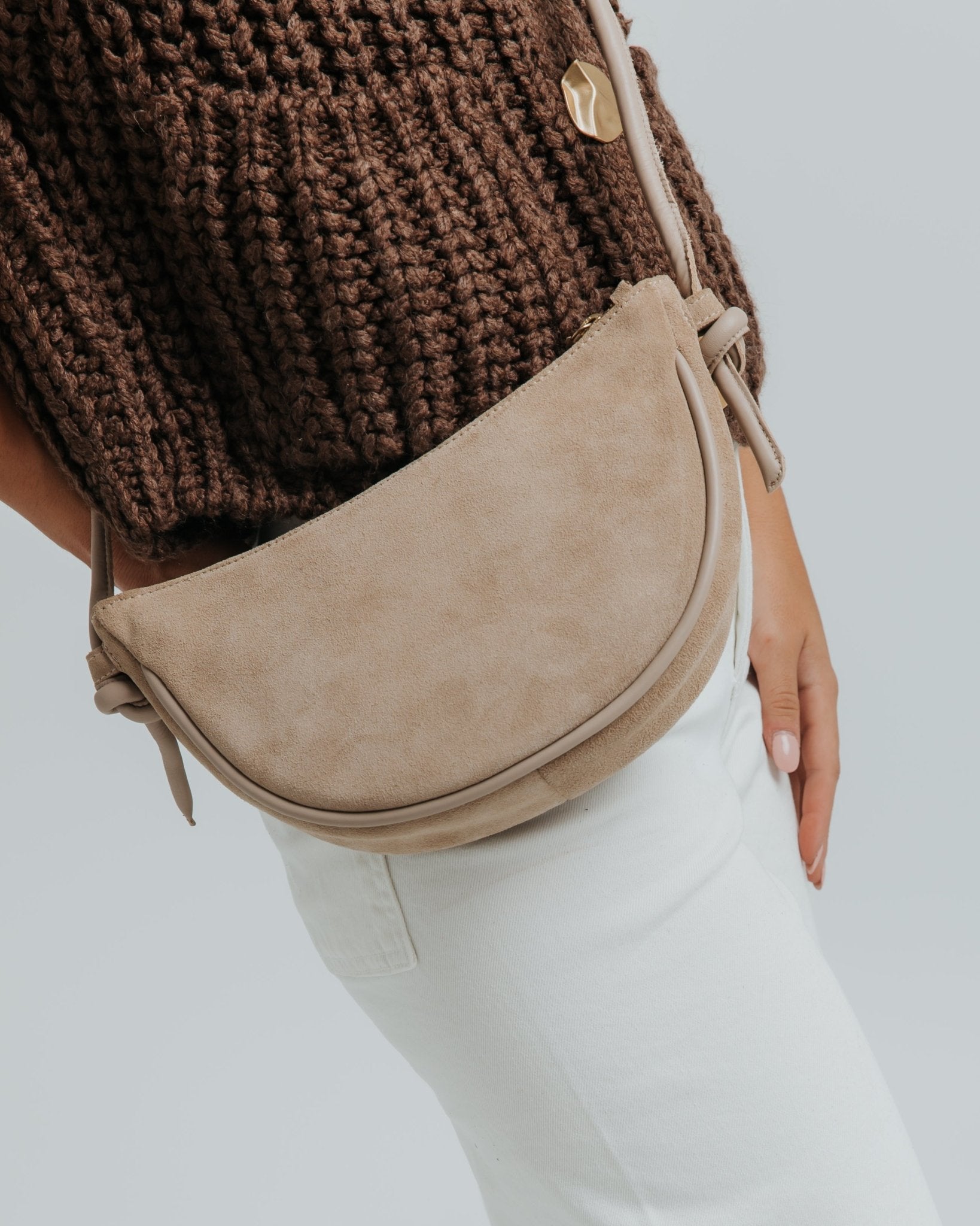 Mini Half Moon Shoulder Bag with Knots - Suede Caramelo - ann kurz