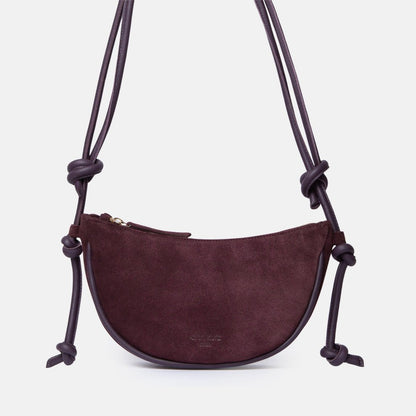 Mini Half Moon Shoulder Bag with Knots - Suede Maroon - ann kurz