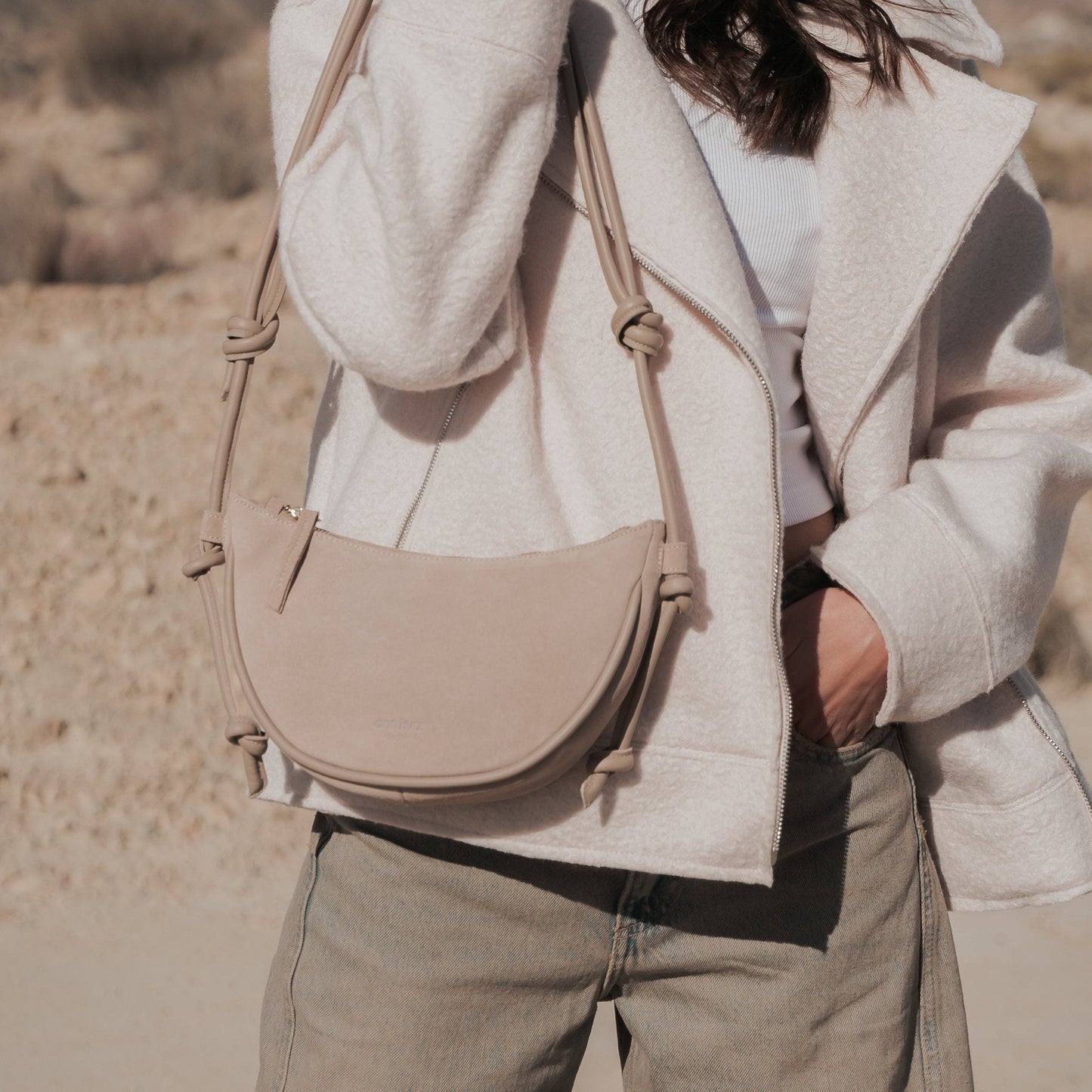 Mini Half Moon Shoulder Bag with Knots - Suede Maroon - ann kurz