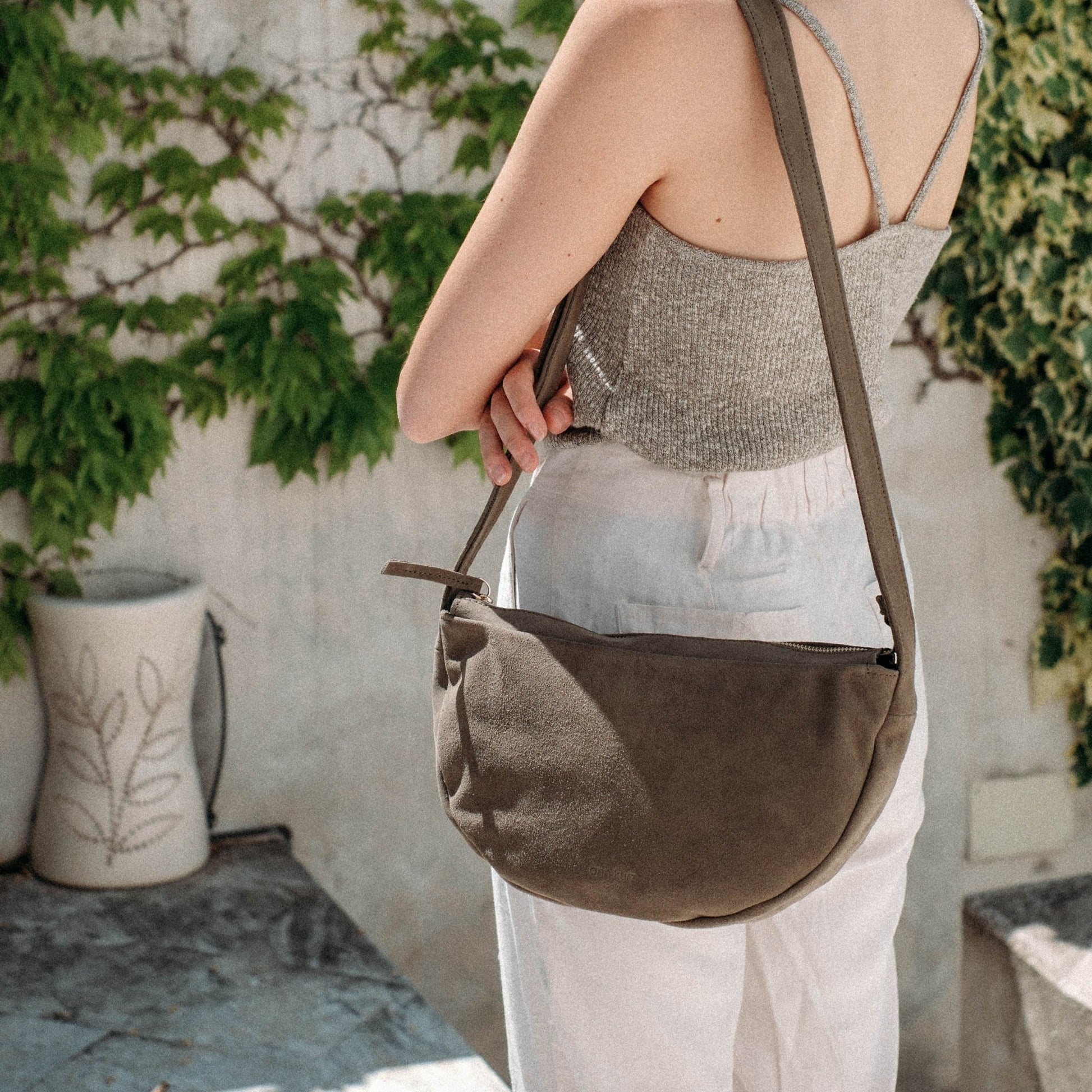 Soft Half Moon Shoulder Bag - Suede Olive - ann kurz