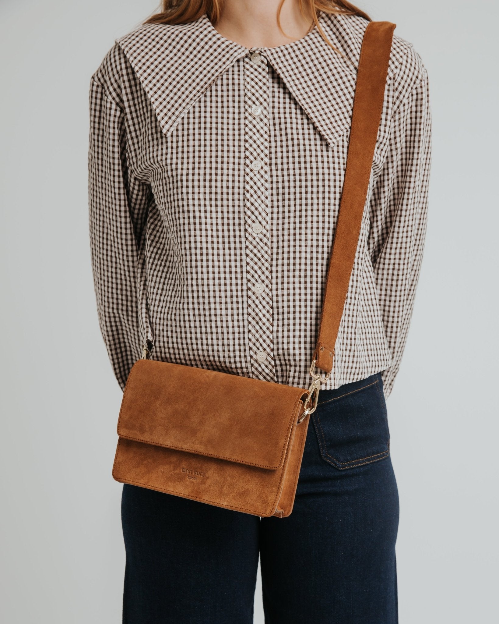 The Perfect Square Crossbody Bag - Suede Brown - ann kurz