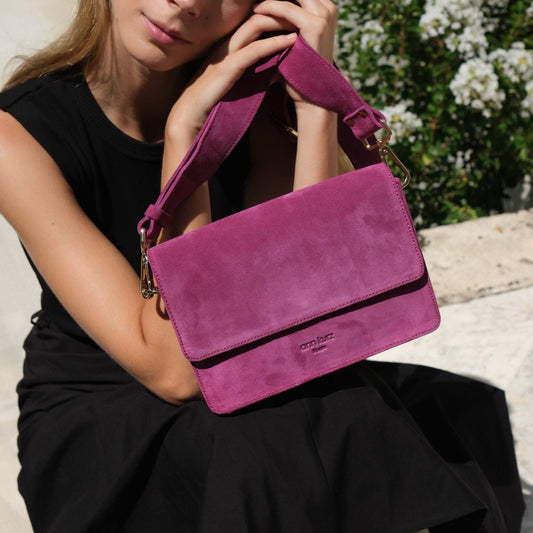 The Perfect Square Crossbody Bag - Suede Fuchsia - ann kurz